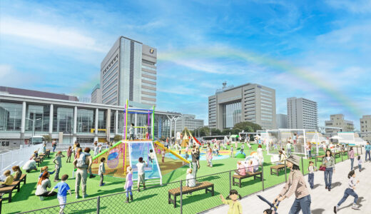 『牛島パークフロント』富山駅北側に暫定施設がオープン。遊具エリア「ごっこぱーく」やキッチンカー/マルシェエリアを配置、賑わい創出