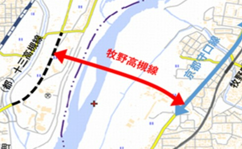淀川に新設する「牧野高槻線」橋梁、大阪府が約850mの予備修正設計を公告　枚方―高槻を4車線で直結へ。2029年度完成はかなり厳しく数年遅れる可能性も